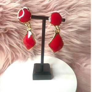 Glossy Red Enamel Gold-Tone Drop Clip on Earrings - New - Retro Statement